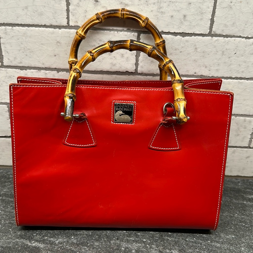 VINTAGE Dooney & Burke leather satchel tote bag with bamboo handles, Red